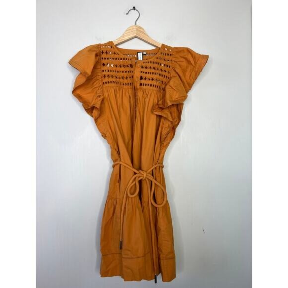 NEW Scarlett Poppies Belted Origami Yoke Tiered Ishrant Mini Dress Orange XS - Picture 2 of 7